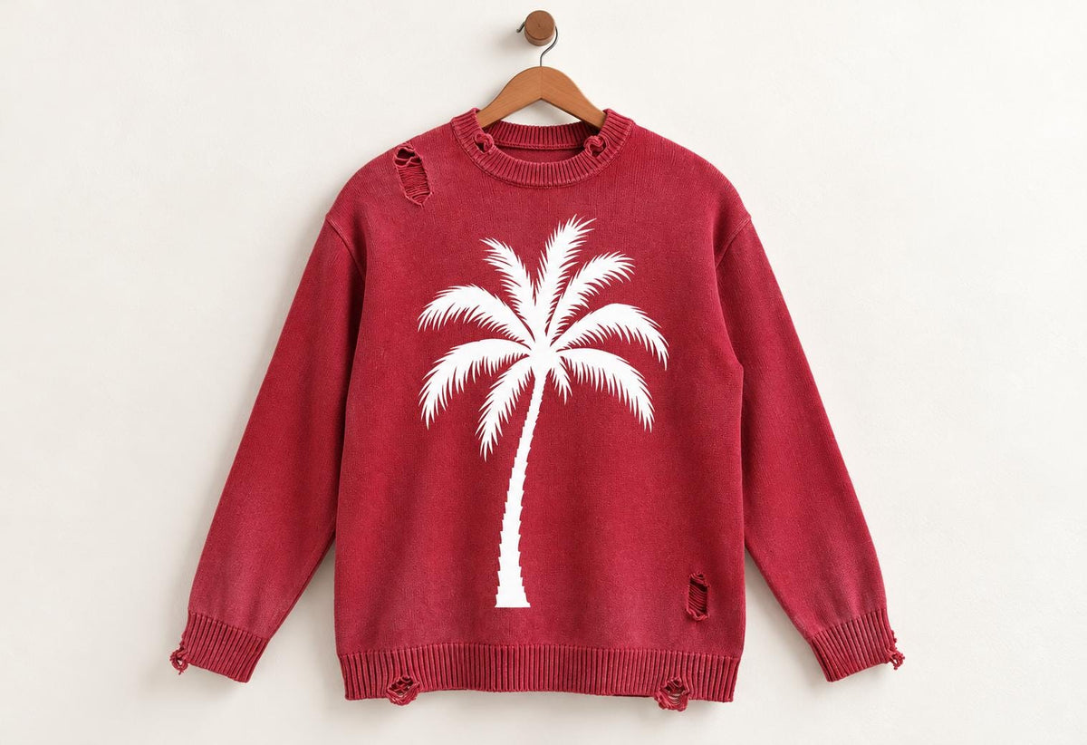 Red Distressed Knit Sweater, Palm Tree, Paint Splatter, Streetwear