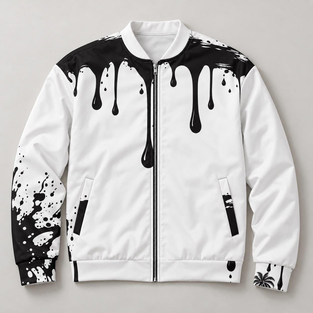 Black-White Paint Drip Bomber Jacket – Palm Tree, Faith Print (Limited Edition)