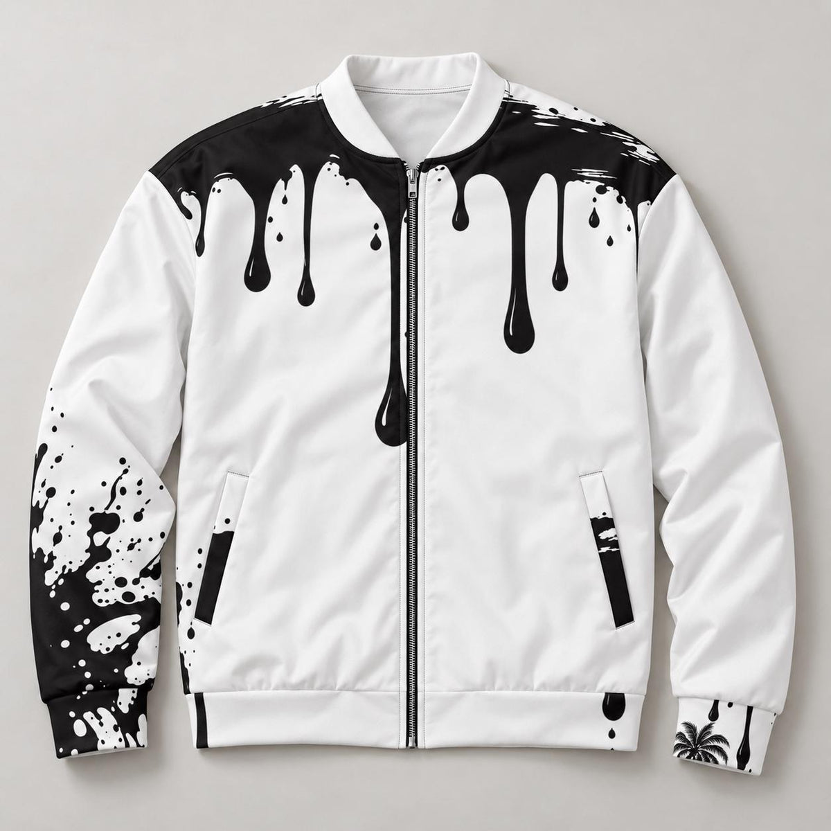 Black-White Paint Drip Bomber Jacket – Palm Tree, Faith Print (Limited Edition)