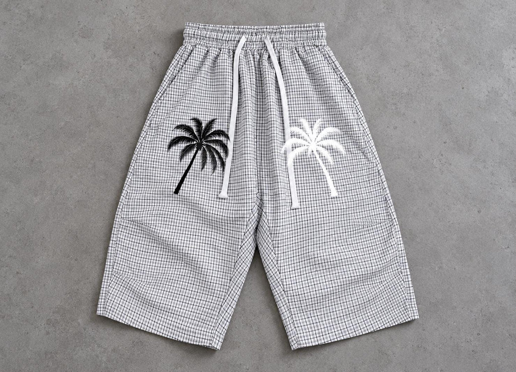 White Plaid Palm Tree Bermuda Shorts, God Is Good Graphic, Drawstring Waist