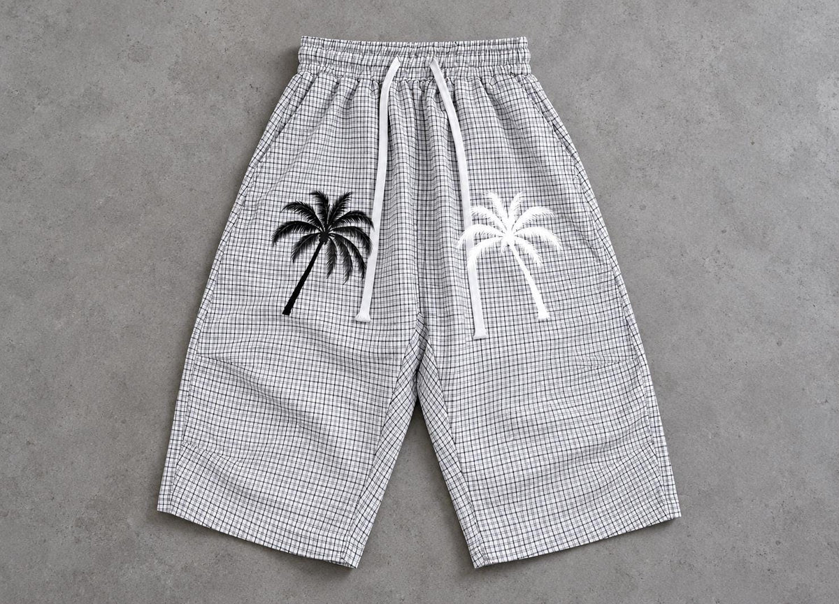 White Plaid Palm Tree Bermuda Shorts, God Is Good Graphic, Drawstring Waist