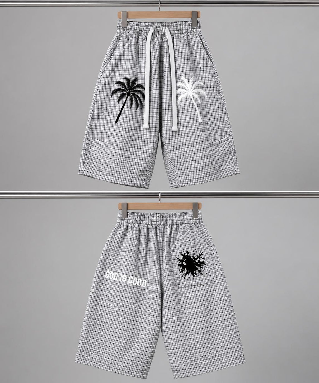 White Plaid Palm Tree Bermuda Shorts, God Is Good Graphic, Drawstring Waist