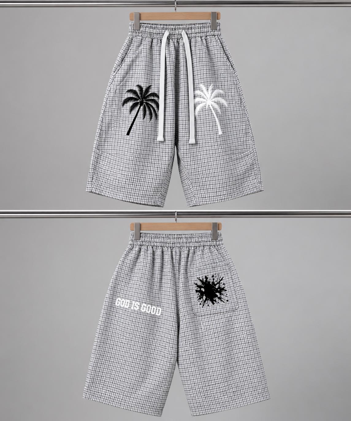 White Plaid Palm Tree Bermuda Shorts, God Is Good Graphic, Drawstring Waist