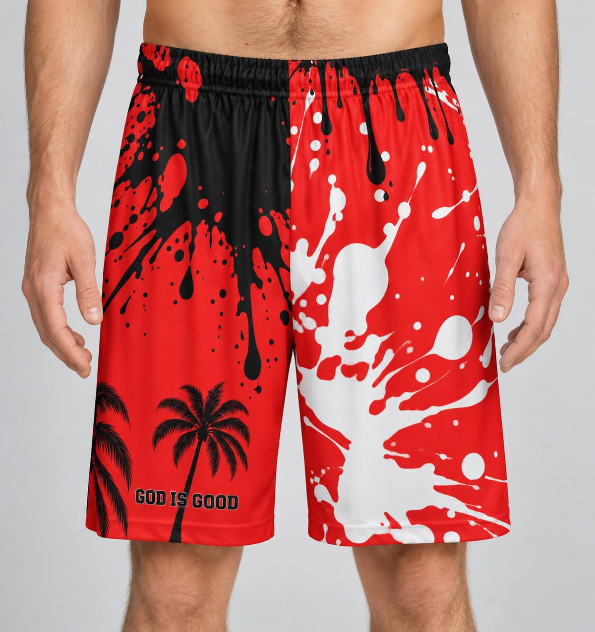 Limited Edition God Is Good Men's Shorts – Red Palm Tree Splatter Design
