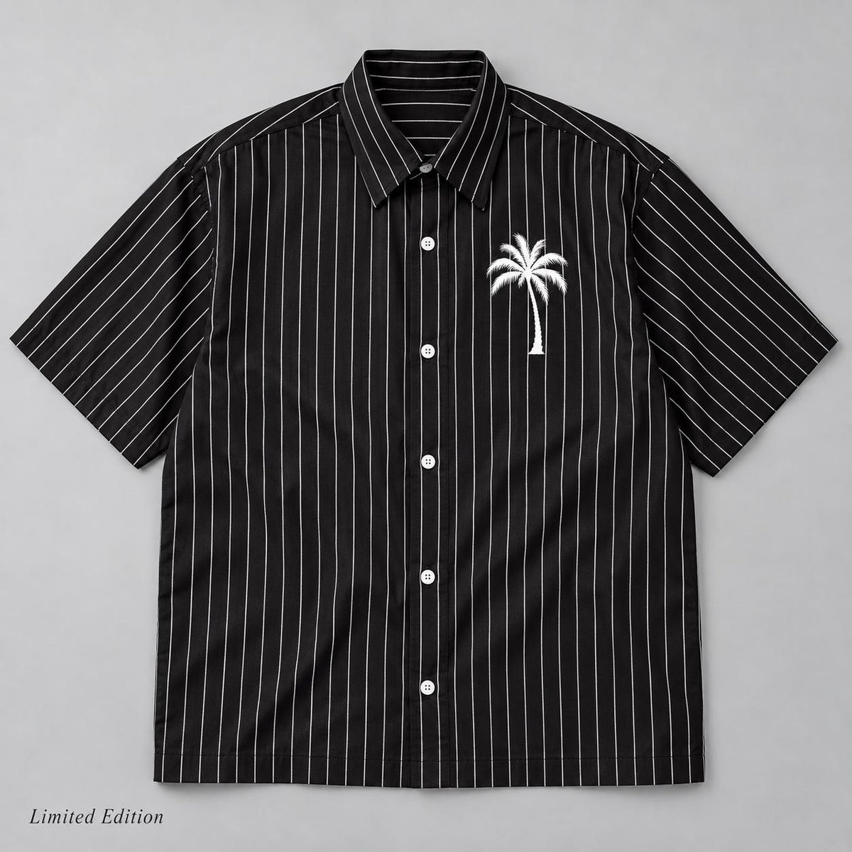Oversized Pinstripe Button-Up Shirt, Palm Tree Graphic, Teal Splash Back Art