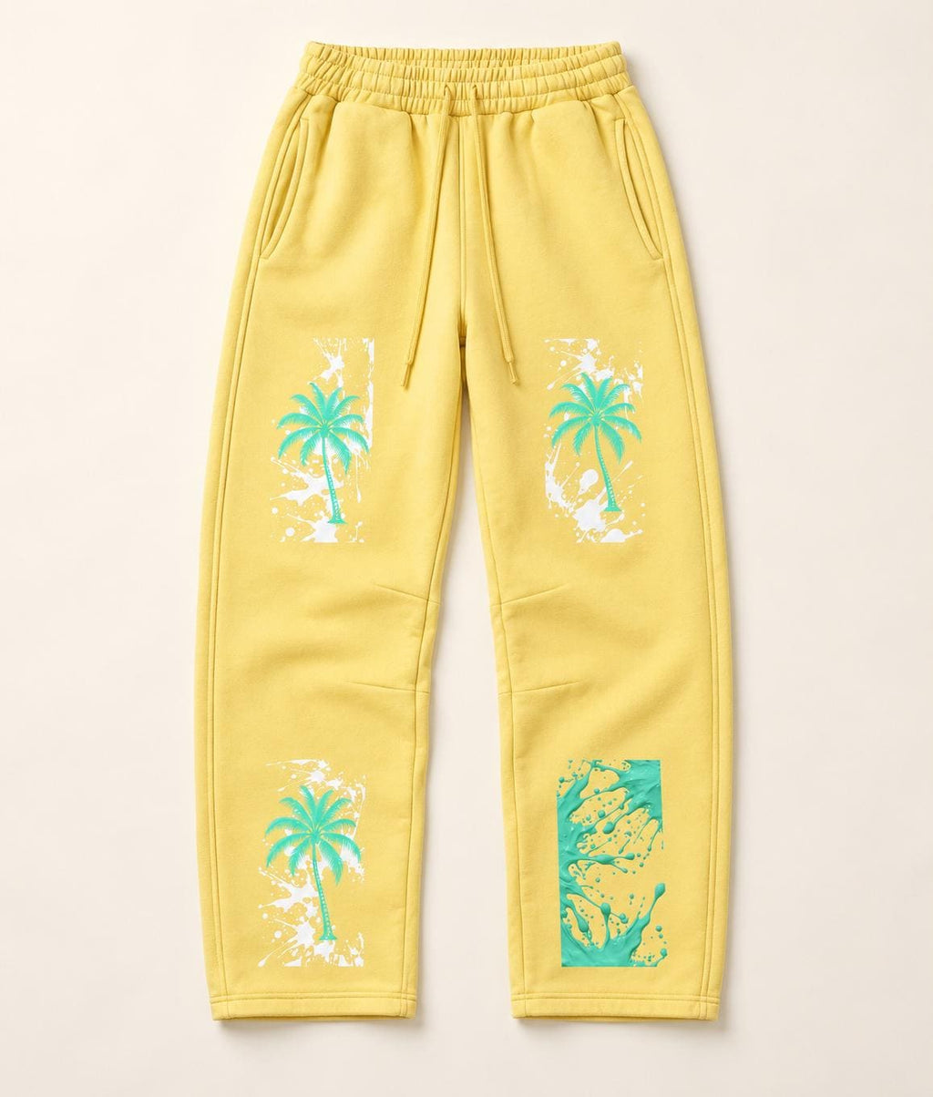 Limited Edition Butter Yellow Palm Tree Sweatpants, Mint Paint Splatter Graphic Pants