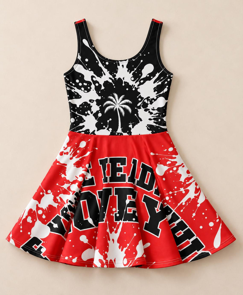 Red Black Palm Tree Skater Dress, Paint Splatter Print, God Is Good Lettering