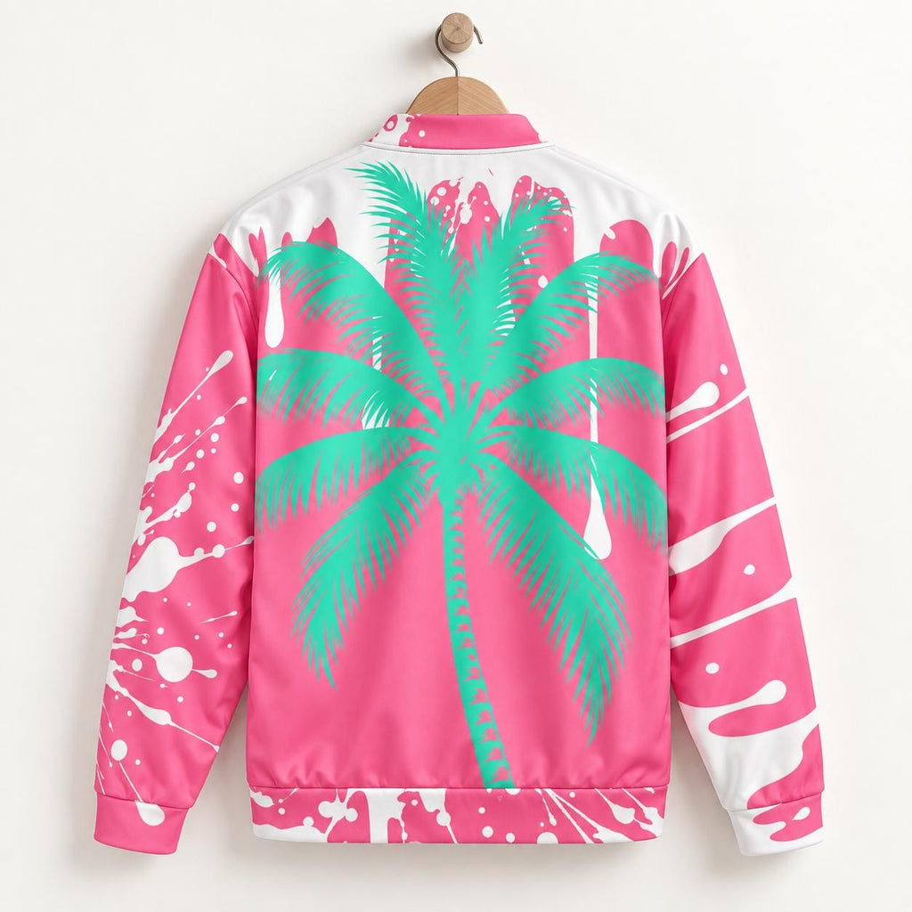 Pink Palm Tree Bomber Jacket, Mint Green Paint Splatter Print, Zip Up Streetwear