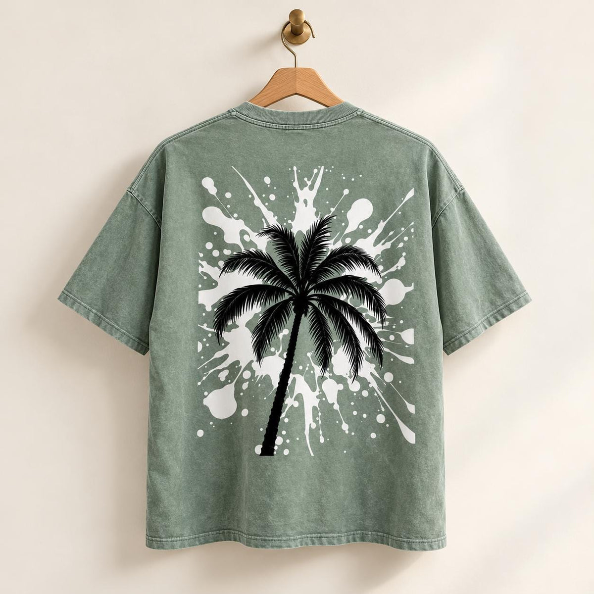 Sage Green Oversized Palm Tree Tee, Black Splatter Graphics, "God Is Good" Statement