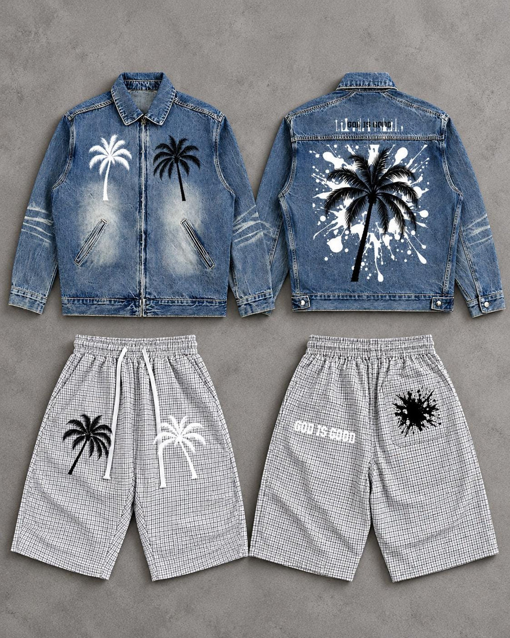 White Plaid Palm Tree Bermuda Shorts, God Is Good Graphic, Drawstring Waist
