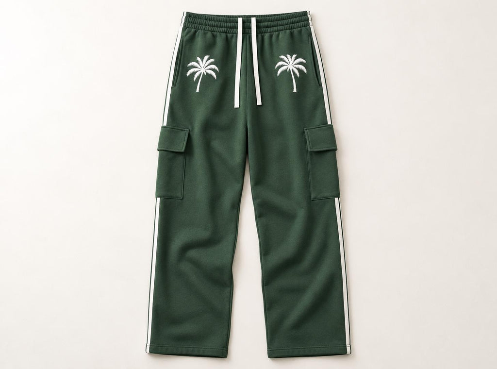 Limited Edition Forest Green Cargo Sweatpants, Palm Tree & Paint Drip, Side Stripe Straight Leg Pants