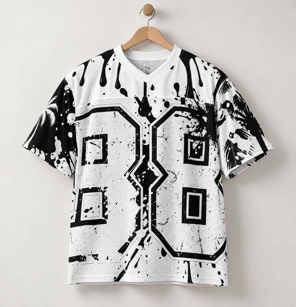 God Is Good 88 Mesh Football Jersey, Black and White Palm Tree & Paint Splatter Streetwear, Limited Edition
