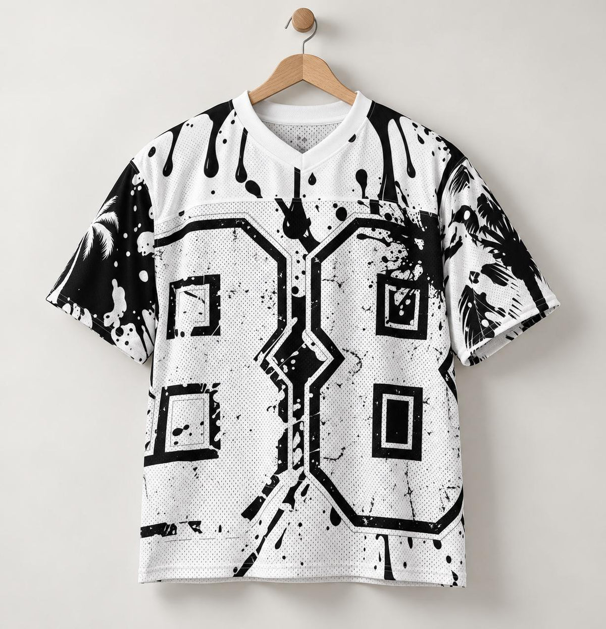 God Is Good 88 Mesh Football Jersey, Black and White Palm Tree & Paint Splatter Streetwear, Limited Edition