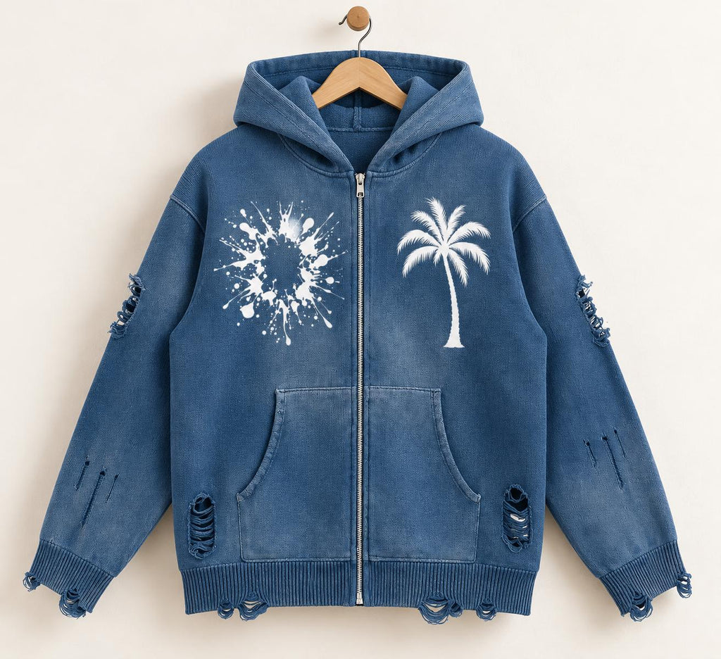 Distressed Blue Knit Zip Hoodie, Palm Tree Splatter Graphics, Christian Streetwear