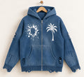 Distressed Blue Knit Zip Hoodie, Palm Tree Splatter Graphics, Christian Streetwear