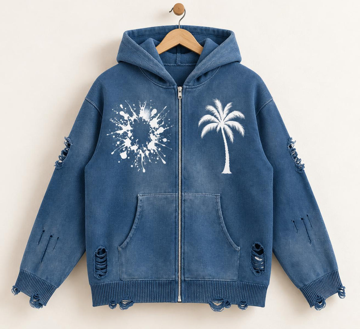 Distressed Blue Knit Zip Hoodie, Palm Tree Splatter Graphics, Christian Streetwear