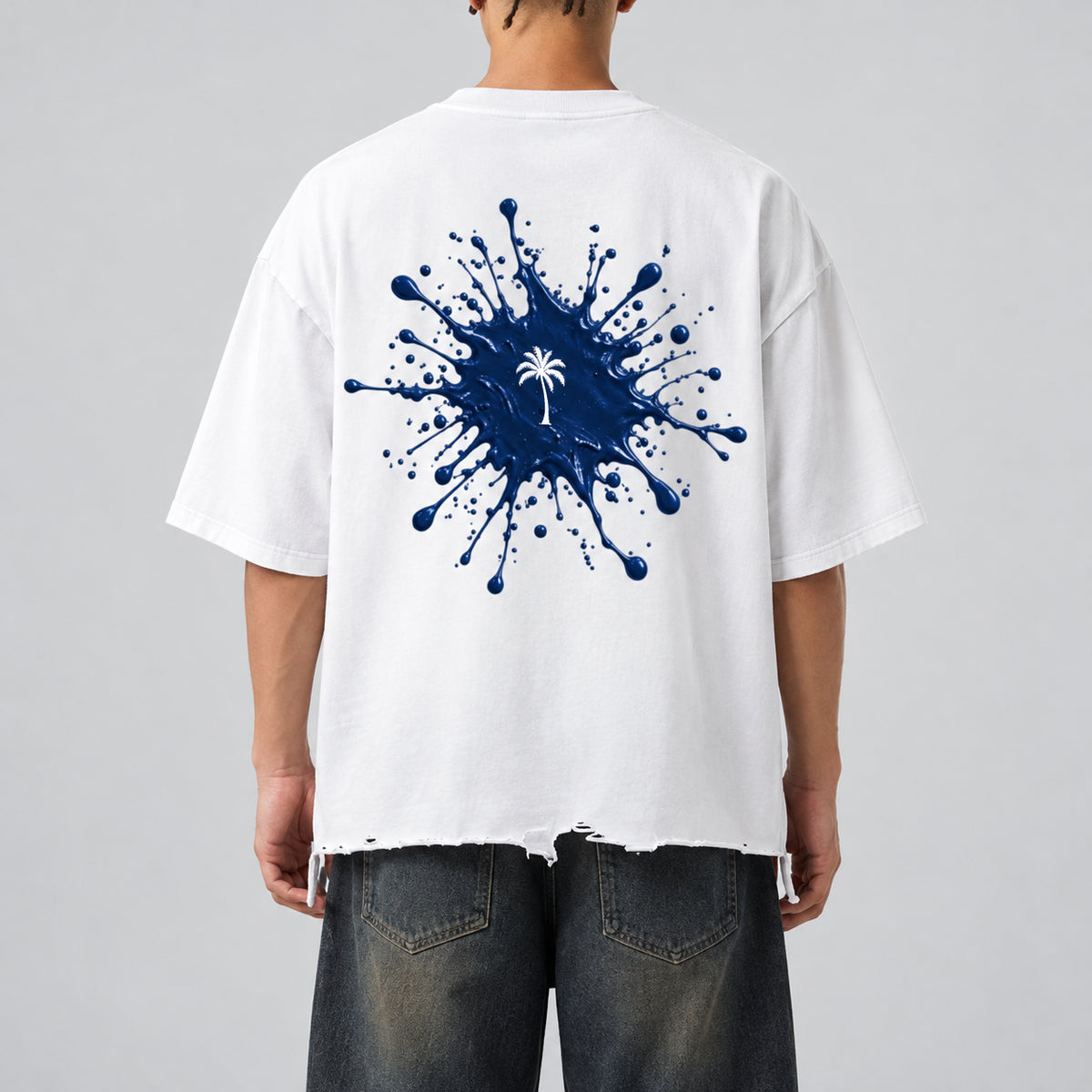 Navy Palm White Tee