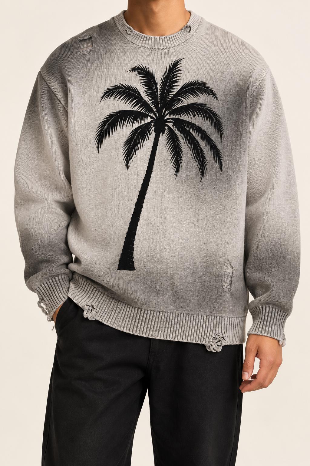 Distressed Gray Knit Sweater, Palm Tree Graphic, Streetwear Crewneck
