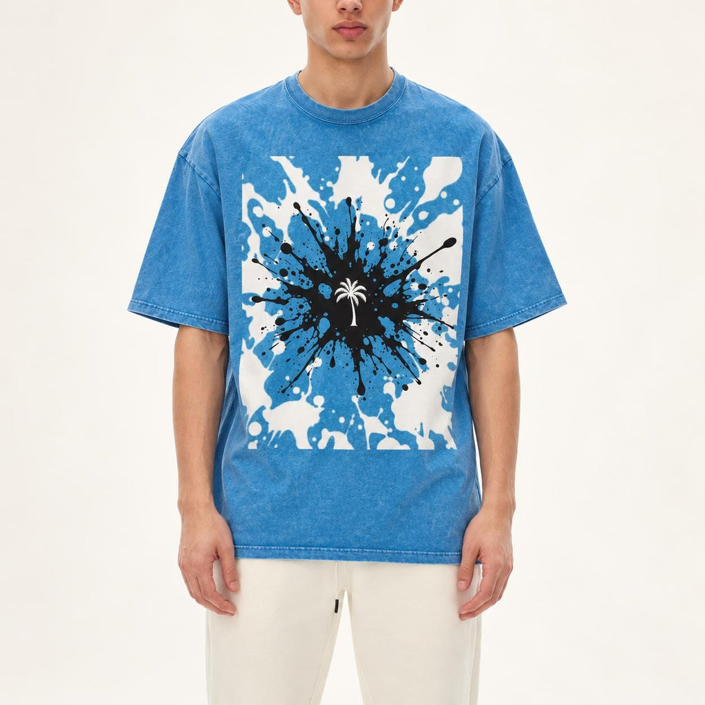 Turquoise Oversized Palm Tree T-Shirt, Snow Washed Cotton, Black White Splatter Print (Unisex)