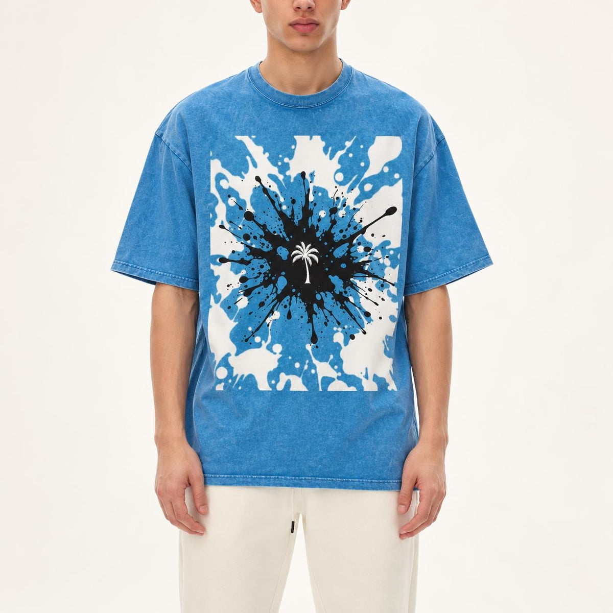 Turquoise Oversized Palm Tree T-Shirt, Snow Washed Cotton, Black White Splatter Print (Unisex)