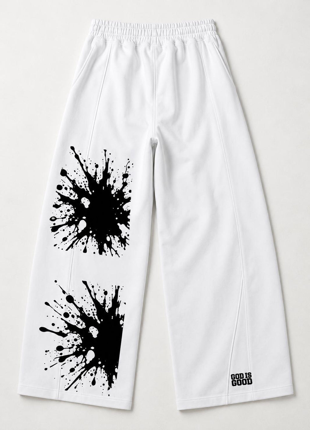 White Palm Tree Sweatpants, Black Splatter Wide Leg Pants, God Is Good Graphic Streetwear