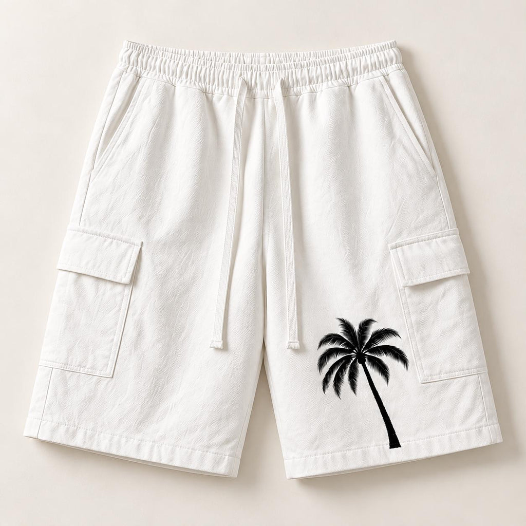 Men's White Cargo Shorts, Palm Tree & Paint Splatter Print, Relaxed Fit (Limited Edition)