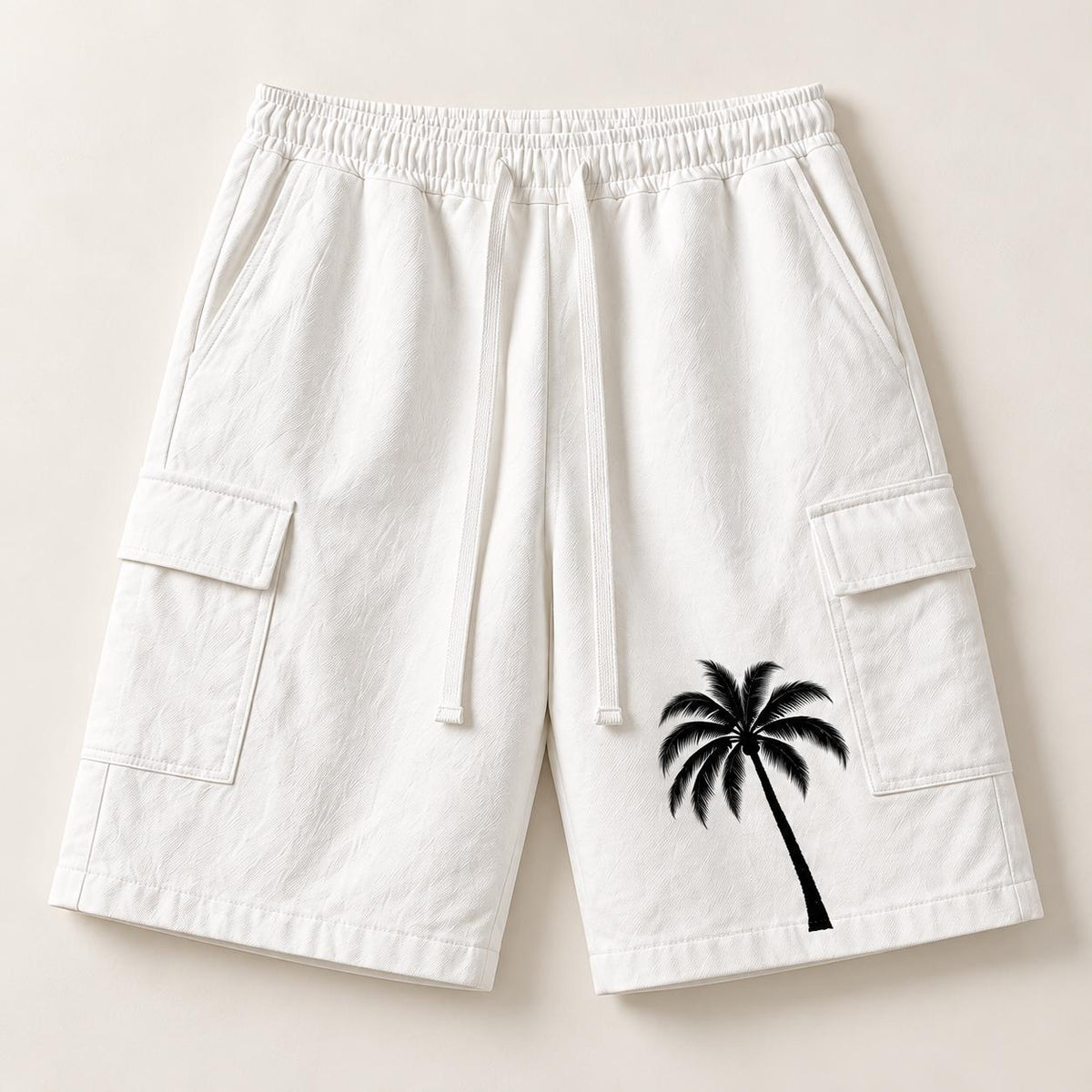 Men's White Cargo Shorts, Palm Tree & Paint Splatter Print, Relaxed Fit (Limited Edition)