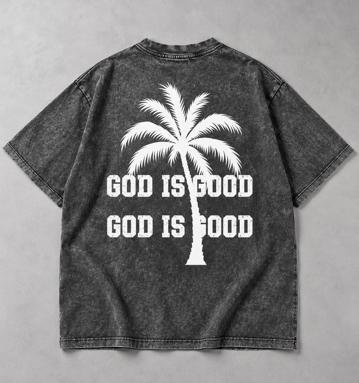 Oversized Washed Charcoal Palm Tree Tee, Pink Splatter, God Is Good (Graphic T-Shirt)