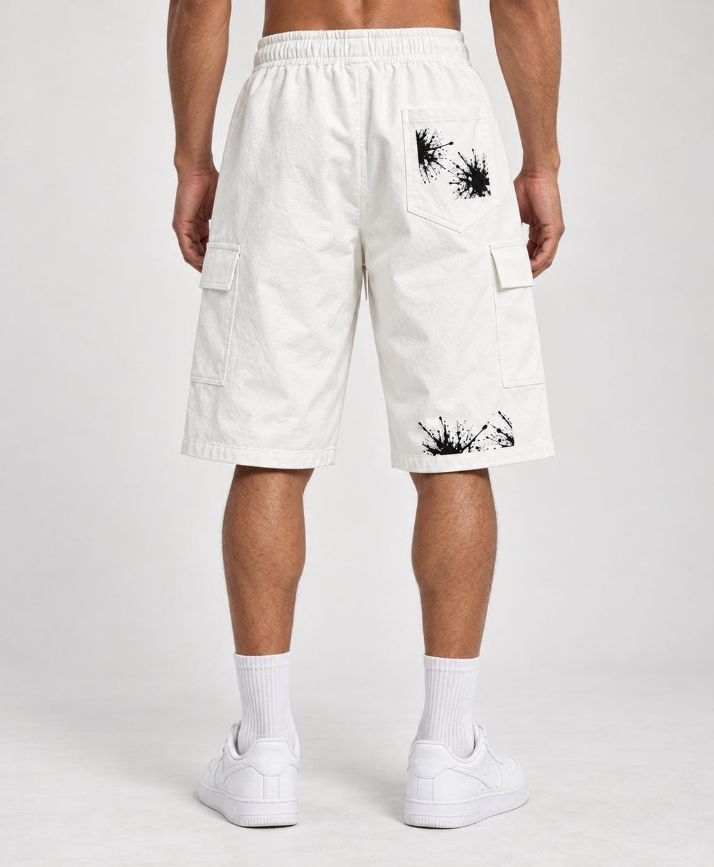 Men's White Cargo Shorts, Palm Tree & Paint Splatter Print, Relaxed Fit (Limited Edition)
