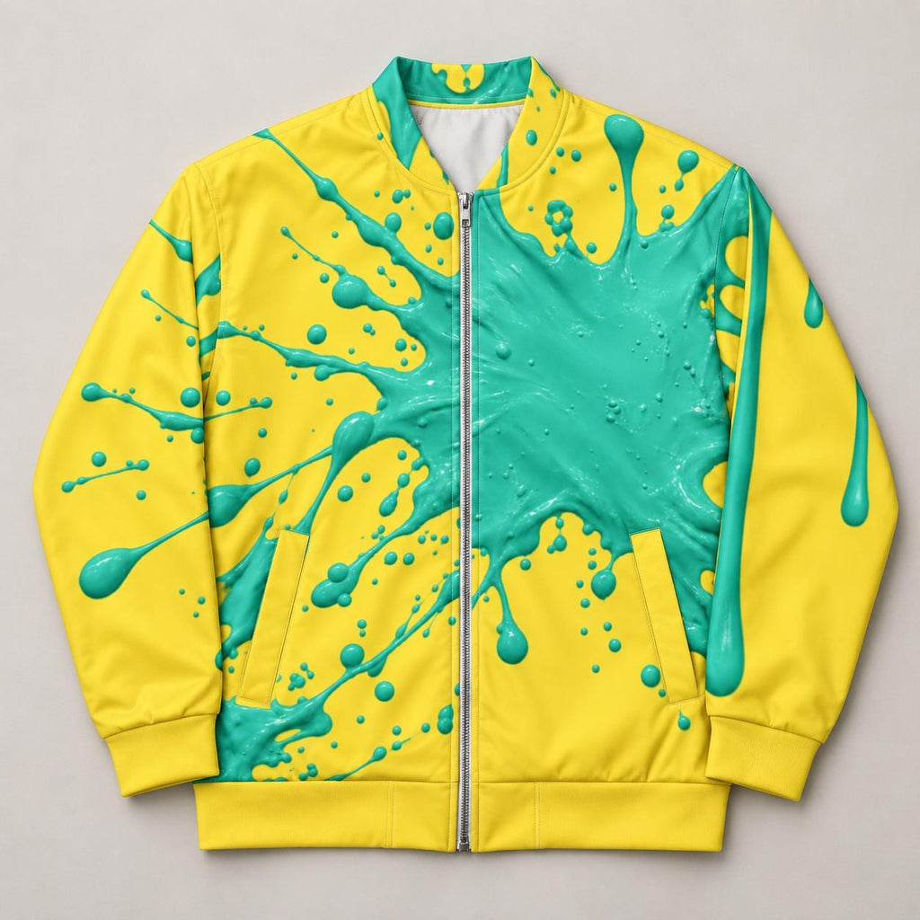 Limited Edition Yellow Bomber Jacket, Mint Green Paint Splatter Print, Zip Front Streetwear