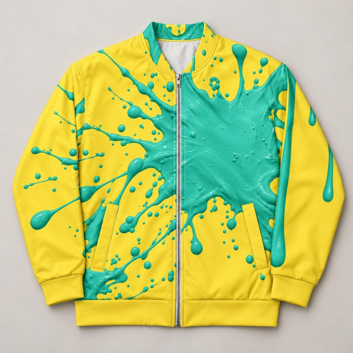 Limited Edition Yellow Bomber Jacket, Mint Green Paint Splatter Print, Zip Front Streetwear