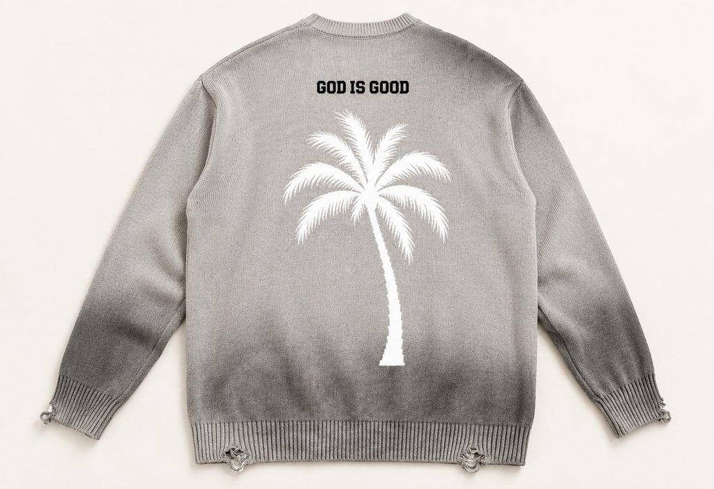 Distressed Gray Knit Sweater, Palm Tree Graphic, Streetwear Crewneck