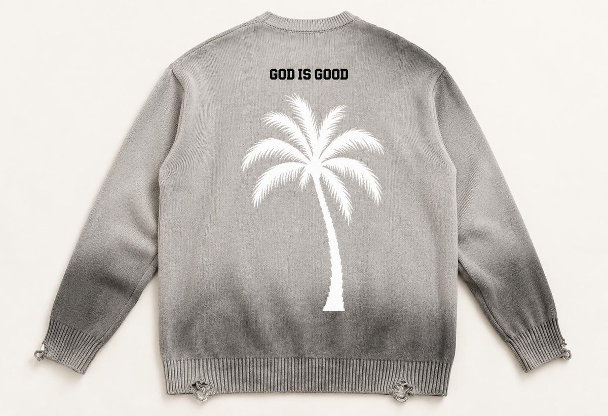 Distressed Gray Knit Sweater, Palm Tree Graphic, Streetwear Crewneck