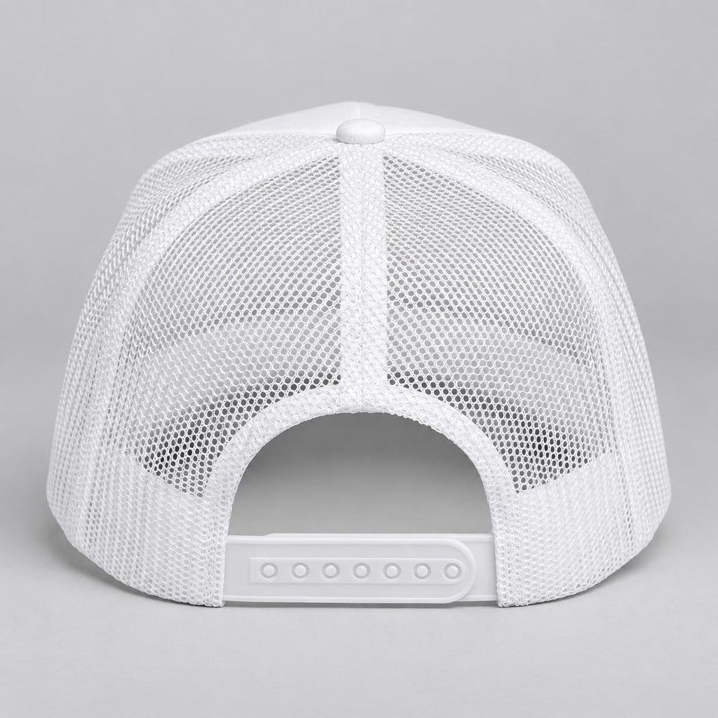 God Is Good White Trucker Hat, Black Palm Tree Graphic