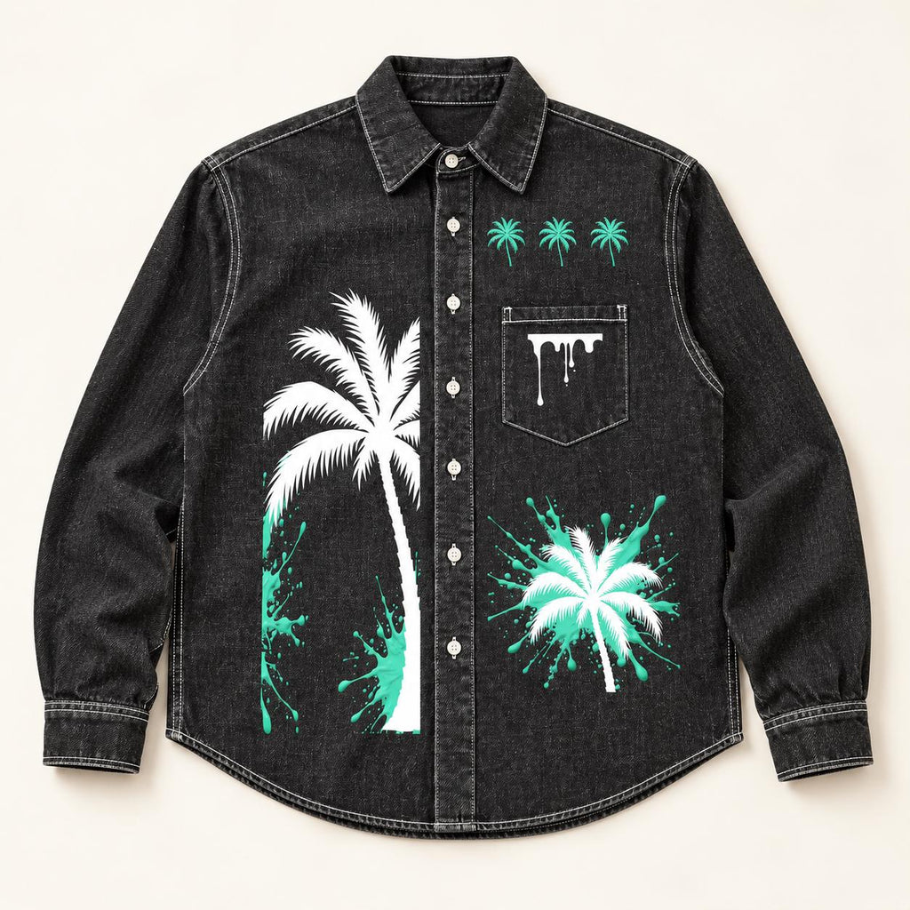 Washed Black Denim Shirt, Palm Tree & Paint Splatter Graphics, Men's Long Sleeve Button-Up