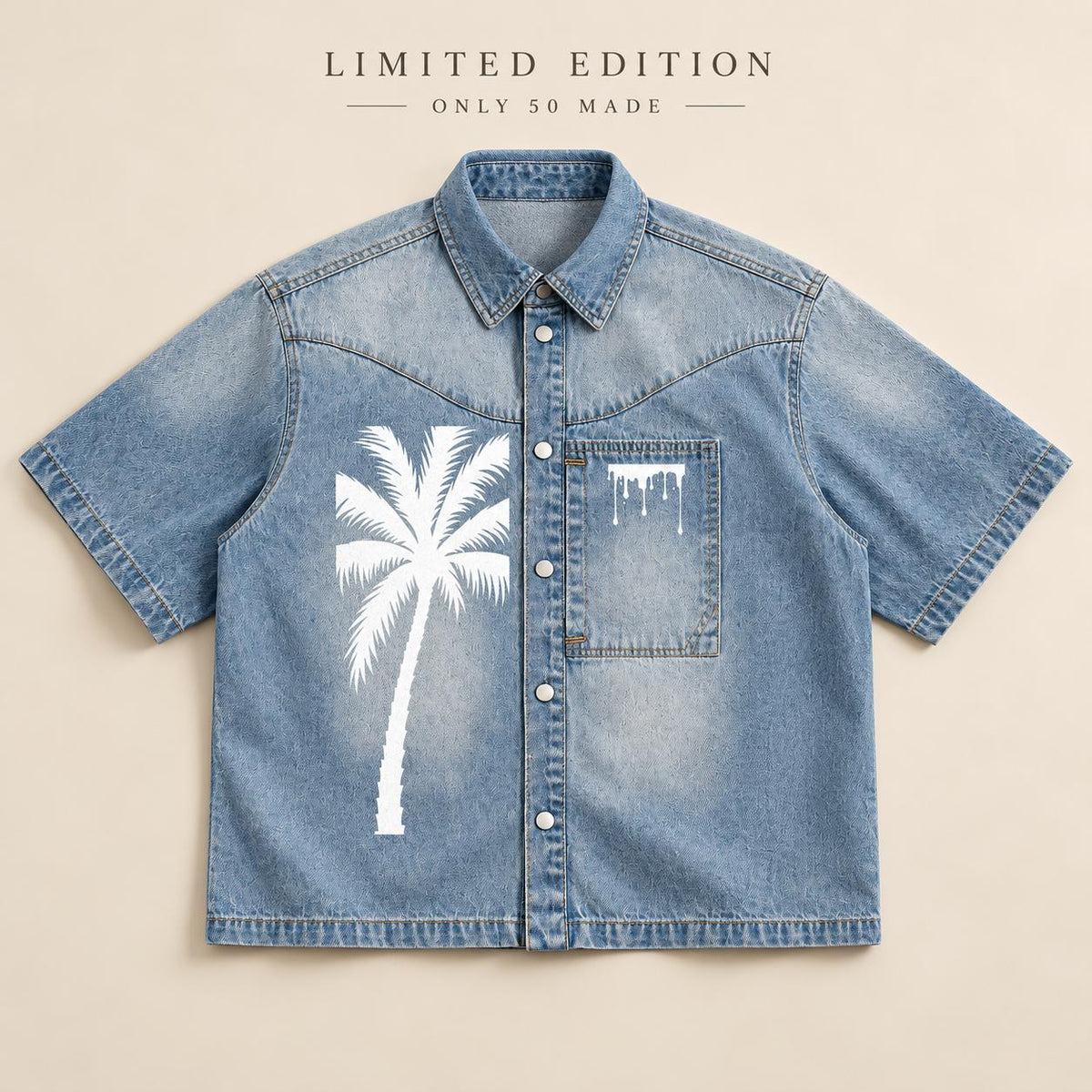 Washed Blue Denim Shirt, Palm Tree Paint Splatter Graphics, Snap Front