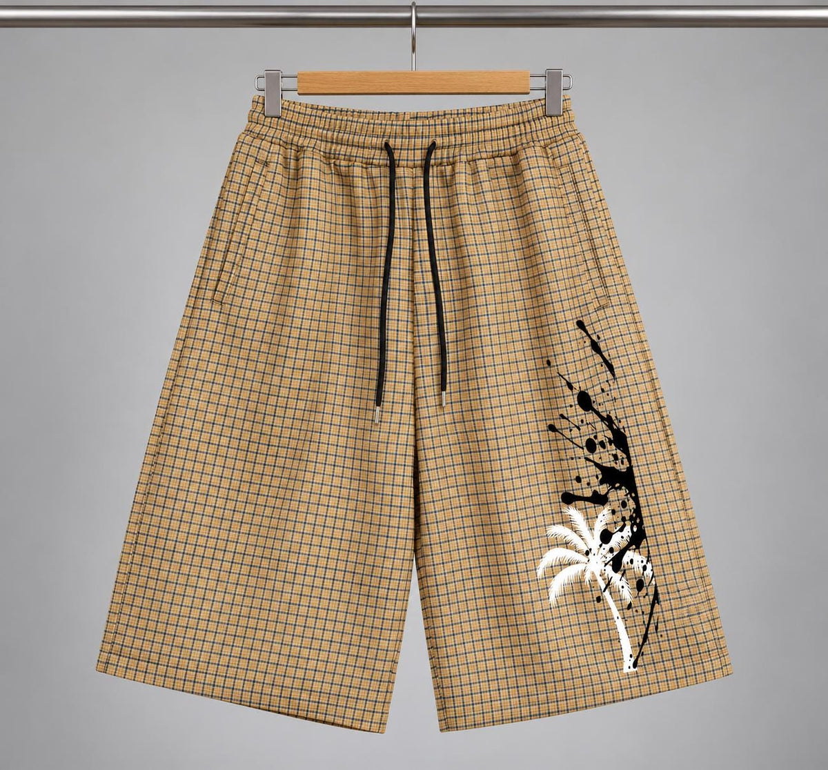 Tan Plaid Palm Tree Shorts, Paint Splash Graphics, Drawstring Bermuda Shorts