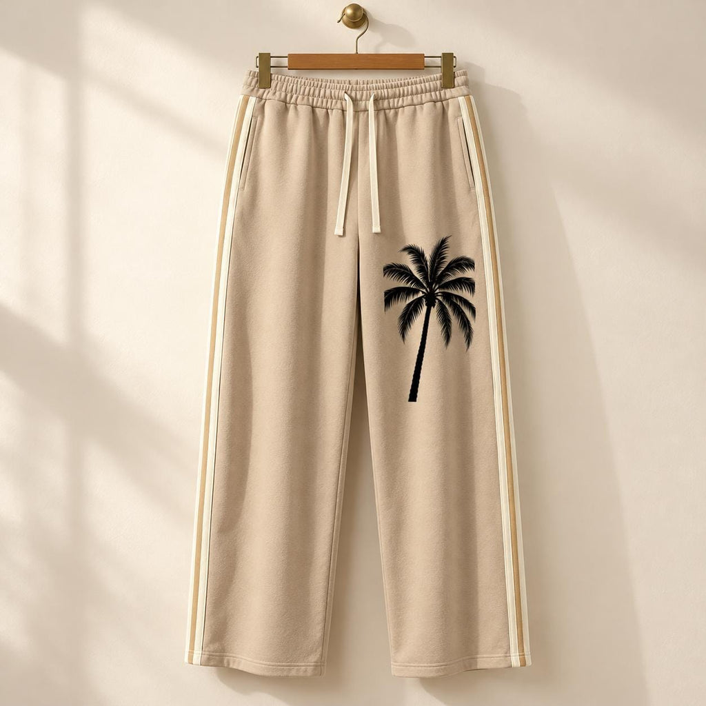 Men's Beige Palm Tree Sweatpants, Wide Leg Track Pants with Cream Stripes
