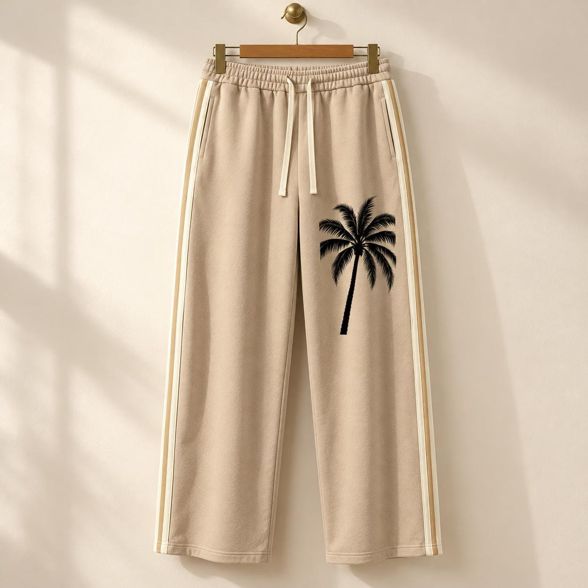 Men's Beige Palm Tree Sweatpants, Wide Leg Track Pants with Cream Stripes