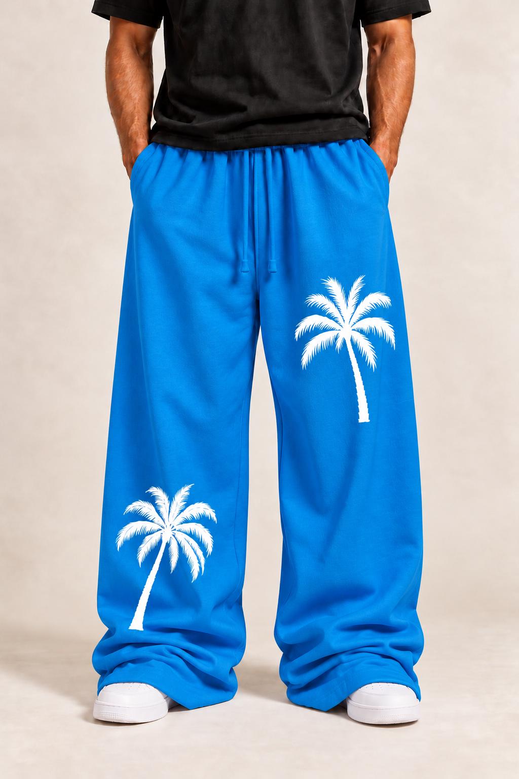 Blue Palm Tree Sweatpants, White Splatter Wide Leg Pants, God Is Good Graphic Streetwear