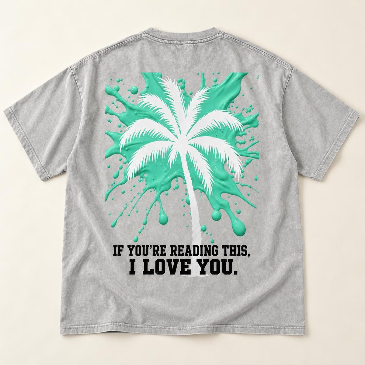 Oversized Palm Tree T-Shirt, Snow Washed Cotton, Mint Paint Drip Design (Unisex)