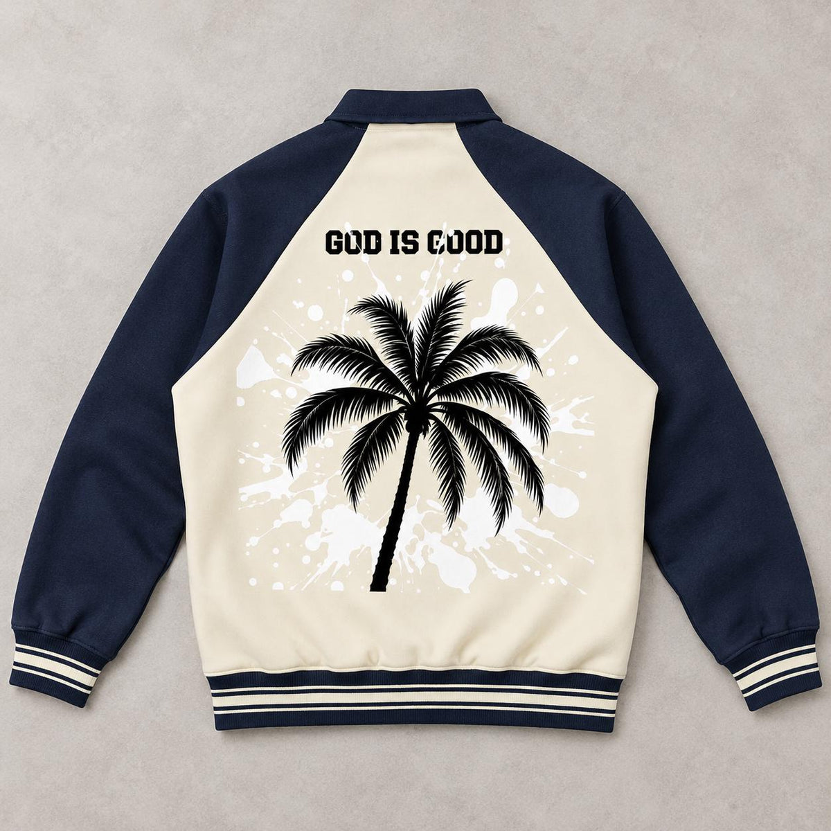 Navy Cream Varsity Jacket, Palm Tree Splatter, God Is Good Letterman Style