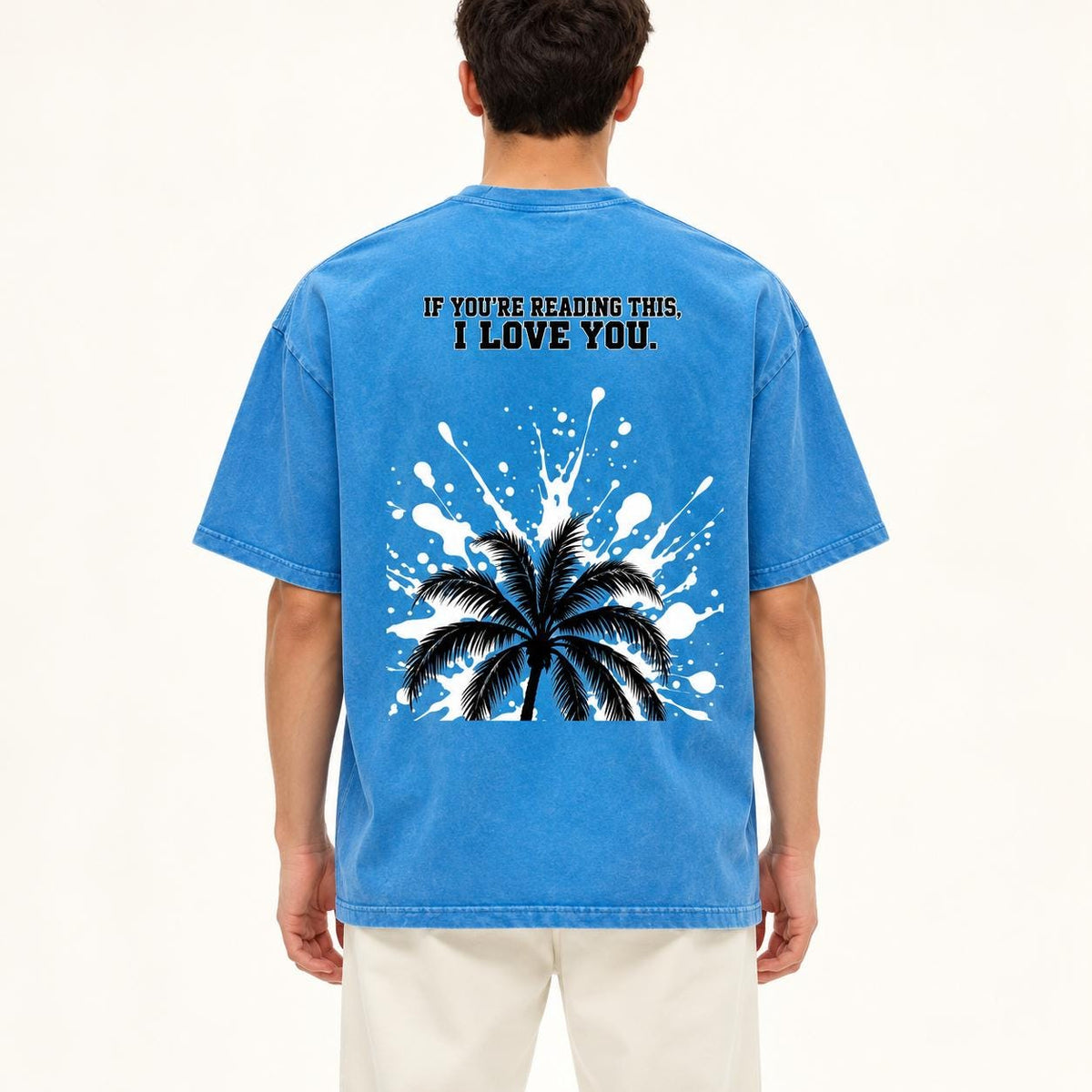 Turquoise Oversized Palm Tree T-Shirt, Snow Washed Cotton, Black White Splatter Print (Unisex)