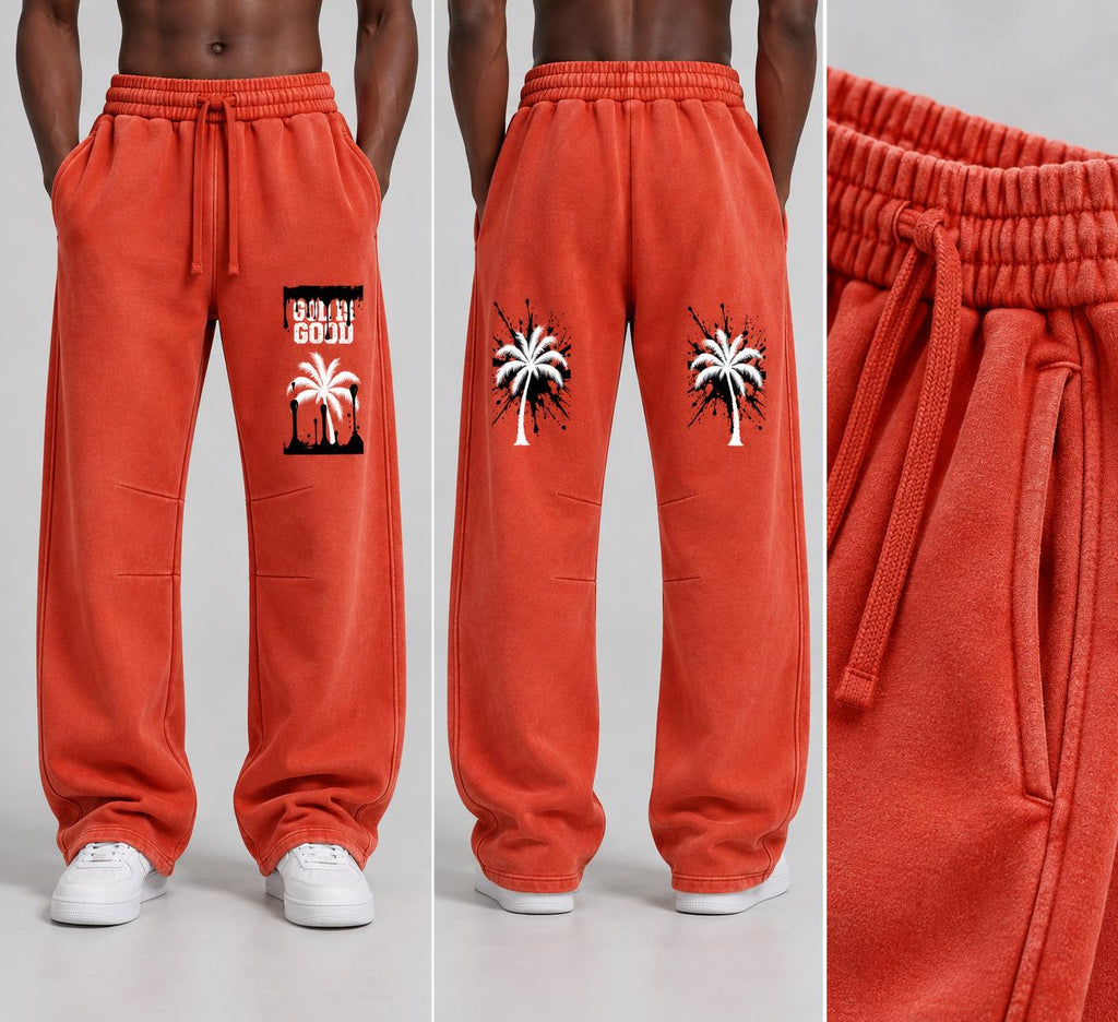 God Is Good Red Orange Sweatpants, Palm Tree Graphic Pants, Relaxed Wide Leg Streetwear