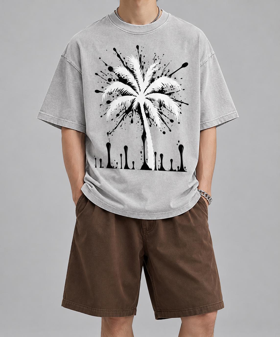 Oversized Gray T-Shirt, Palm Tree Paint Splatter, Faith Streetwear