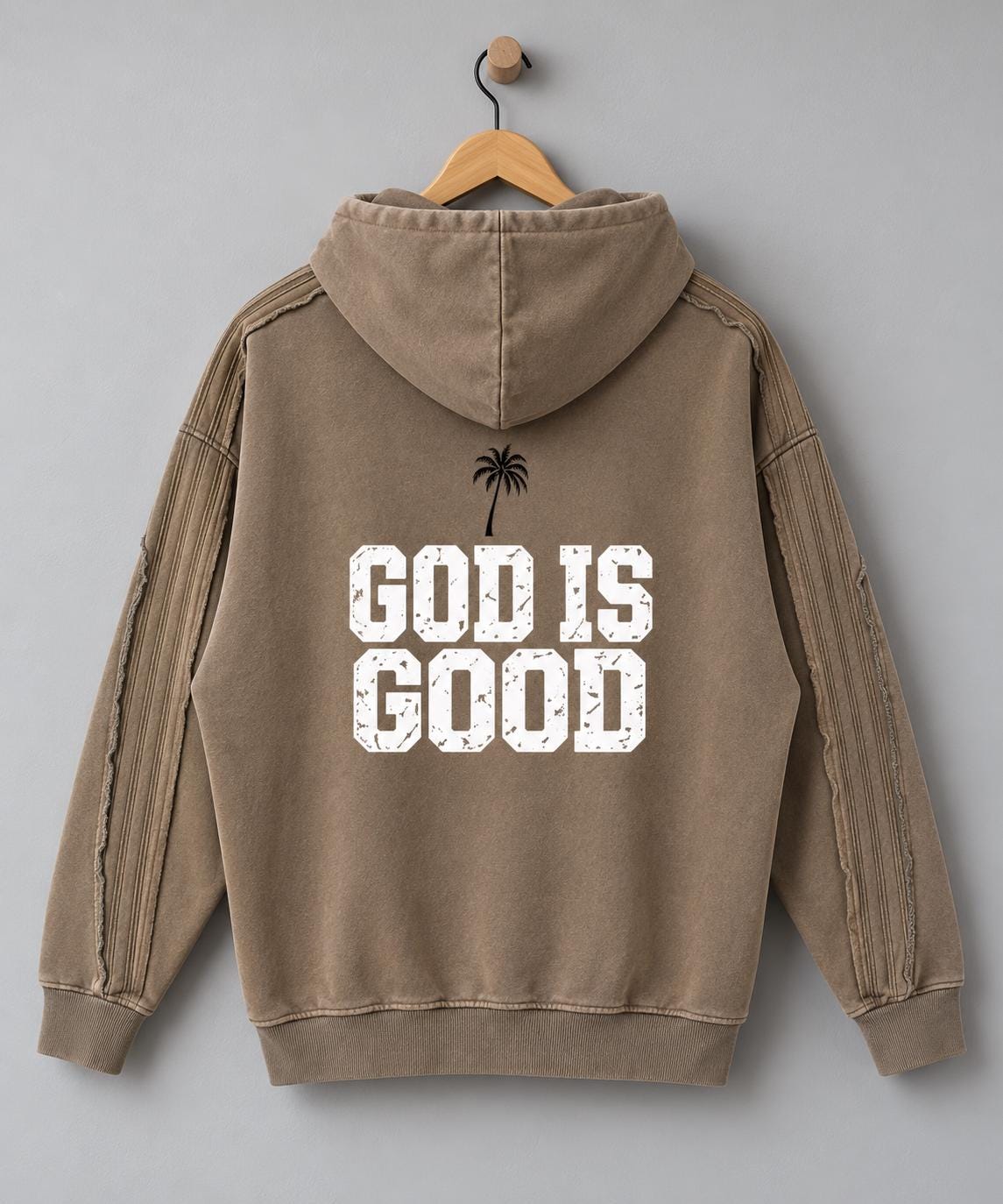 Washed Taupe Oversized Hoodie, Palm Tree Graphic, Exposed Seam Streetwear