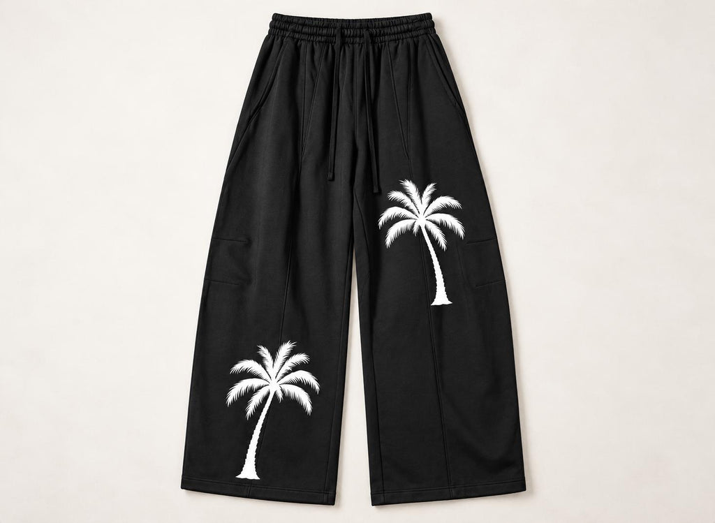Black Palm Tree Sweatpants, White Splatter Wide Leg Pants, God Is Good Graphic Streetwear