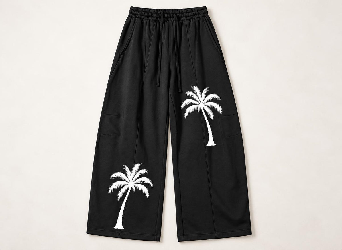 Black Palm Tree Sweatpants, White Splatter Wide Leg Pants, God Is Good Graphic Streetwear