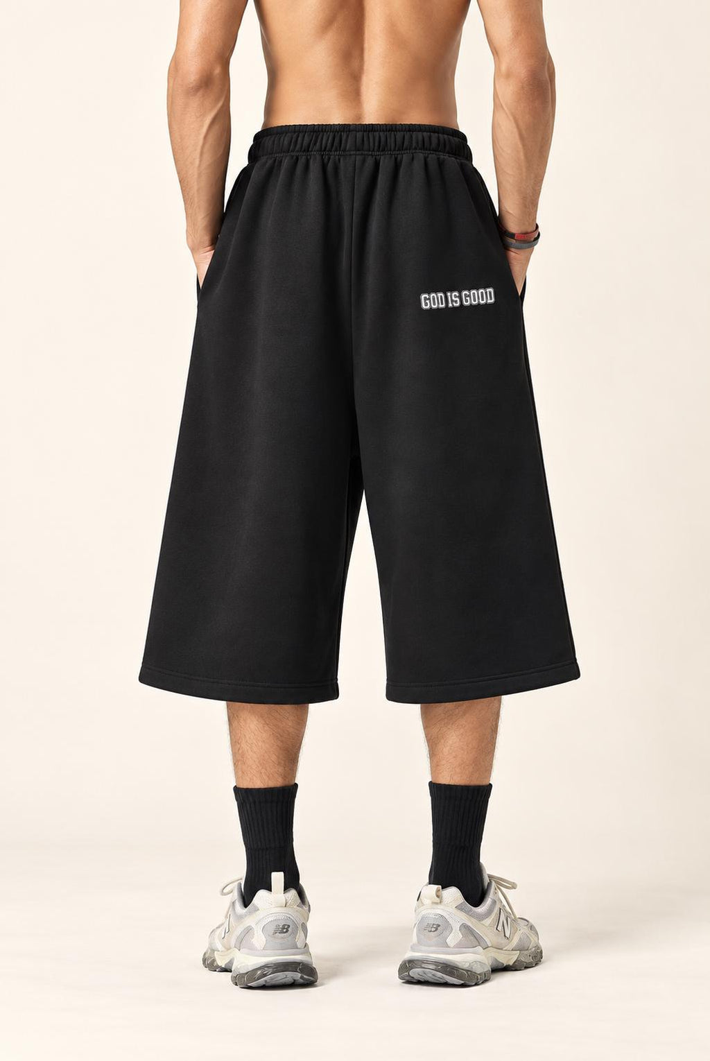 Men's Black Palm Tree Bermuda Shorts, God Is Good Graphic, Baggy Wide Leg