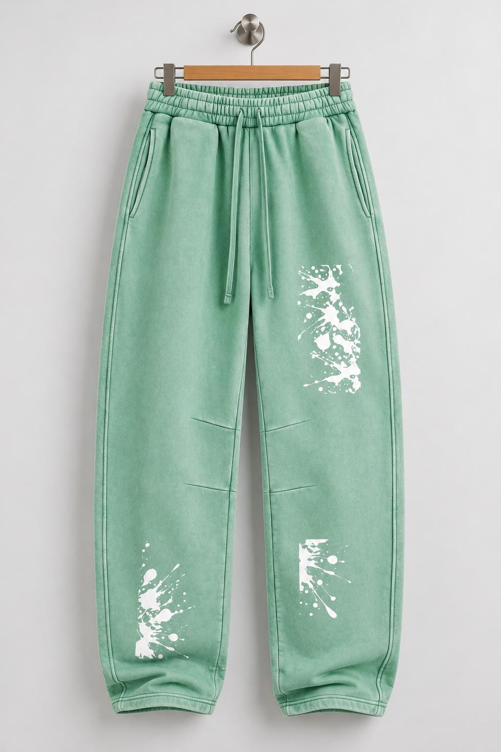 Mint Green Paint Splatter Sweatpants, Palm Tree Graphic, Relaxed Wide Leg Pants